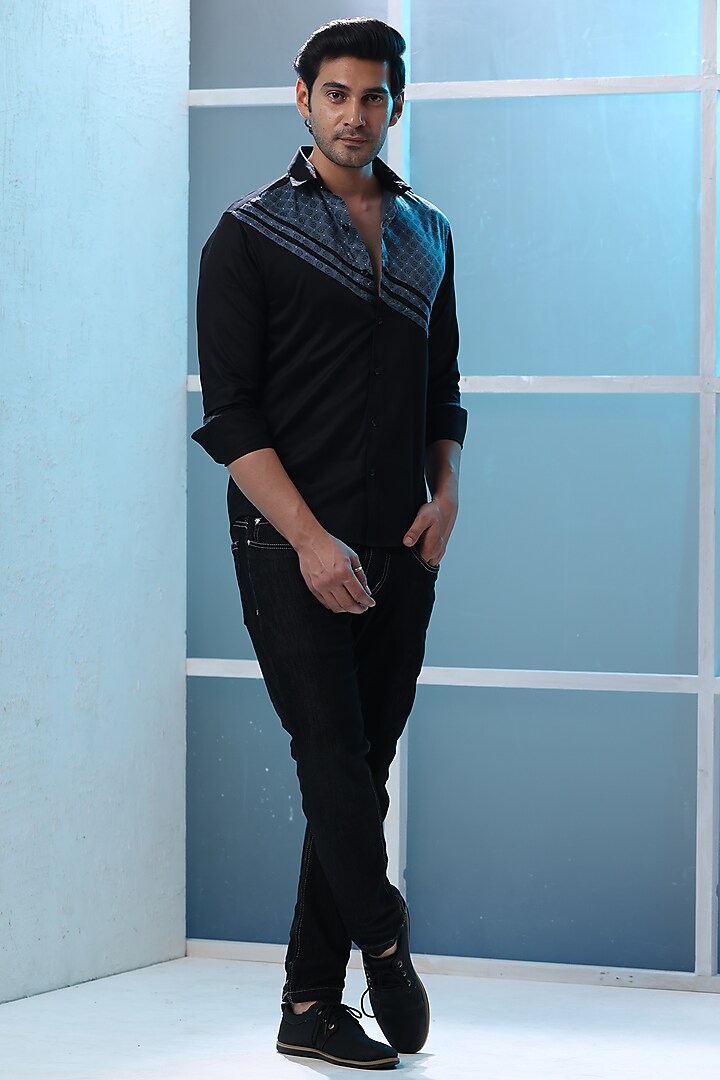 Black Giza Cotton Printed Summer Shirt by Sazvit at Pernia's Pop Up Shop