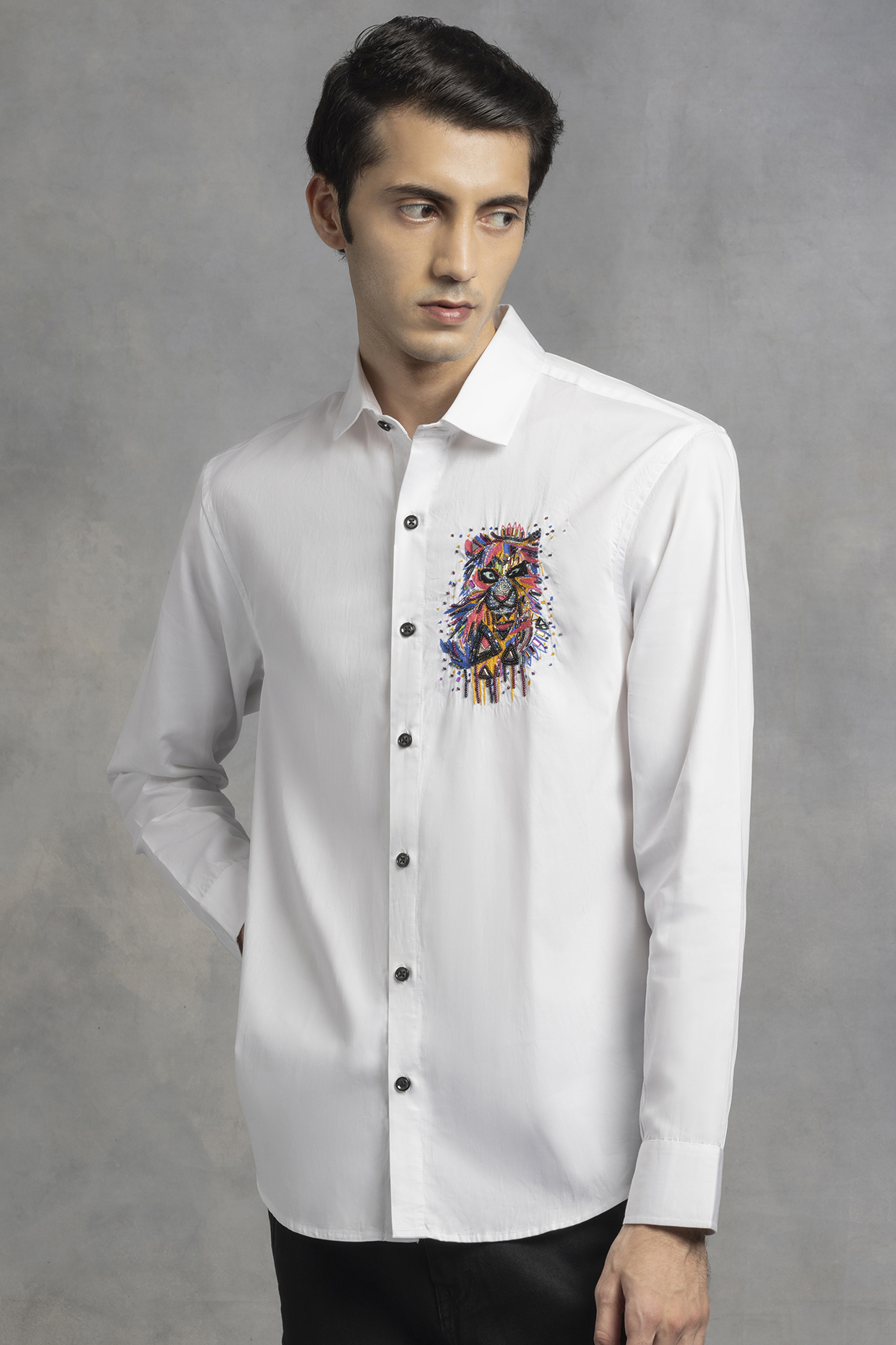 White Giza Cotton Hand Embroidered Shirt by Sazvit at