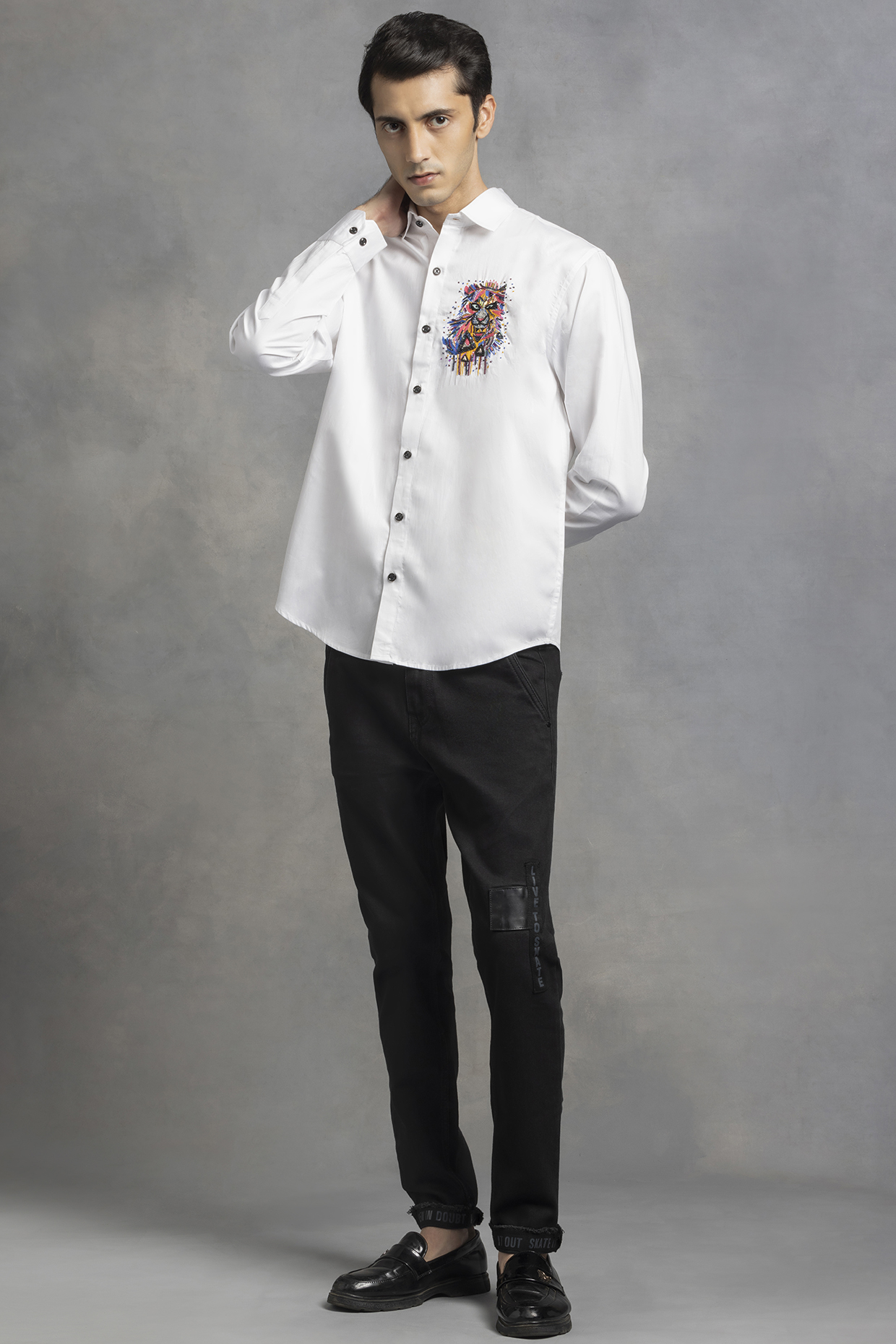 White Giza Cotton Hand Embroidered Shirt by Sazvit at