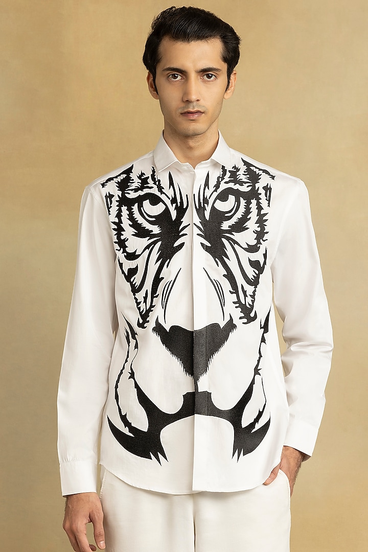 White Giza Cotton Motifs Shirt by Sazvit