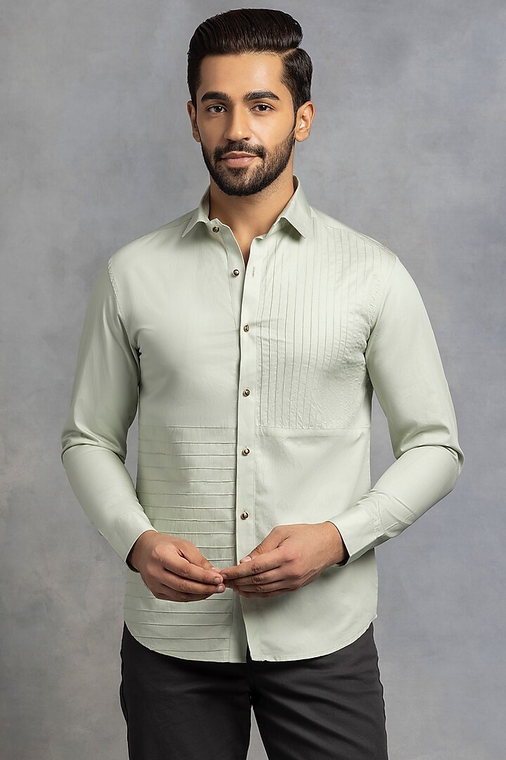Green Giza Cotton Pleated Shirt Design by Sazerac at Pernia's Pop Up ...