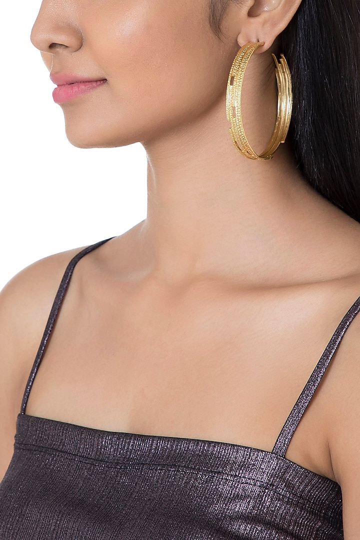 Gold Plated Textured Oversized Hoop Earrings by Flowerchild By Shaheen Abbas at Pernia's Pop Up Shop