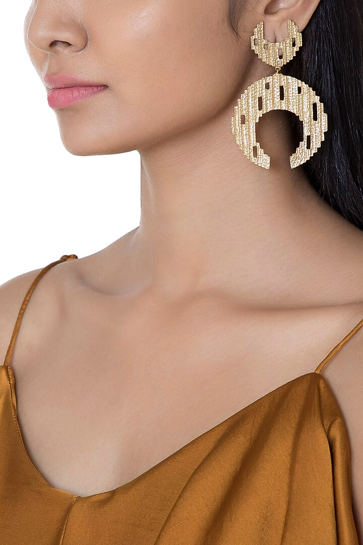 Gold Plated Textured Moon Shaped Earrings by Flowerchild By Shaheen Abbas at Pernia's Pop Up Shop