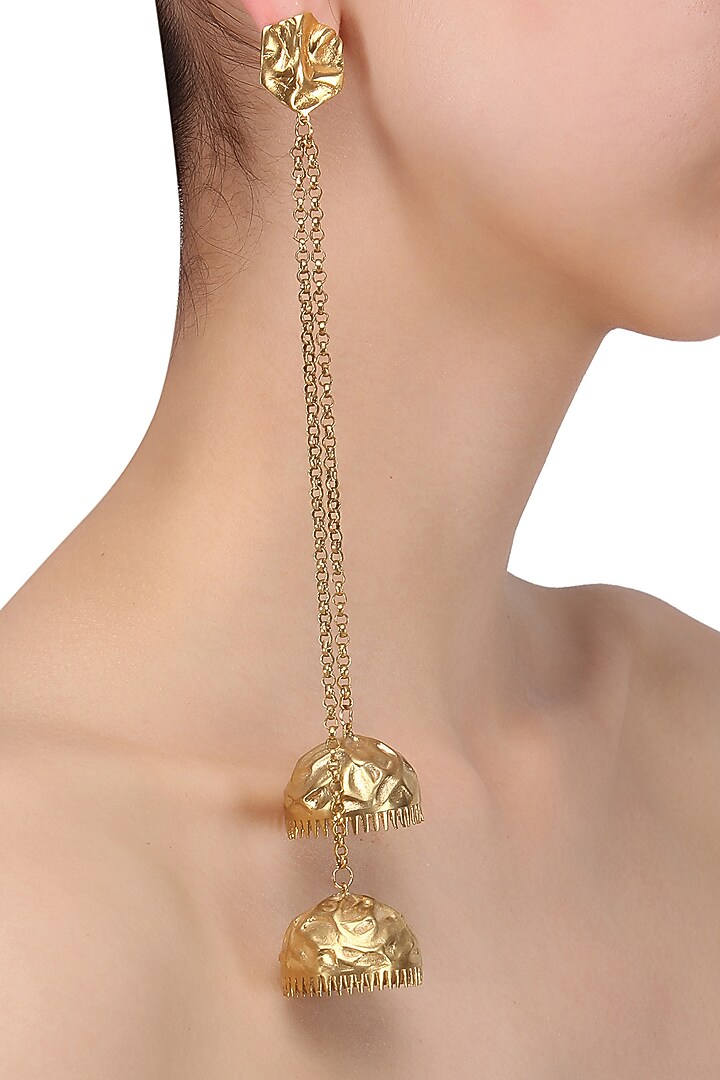Gold plated jhumki drop earrings available only at Pernia's Pop Up Shop.