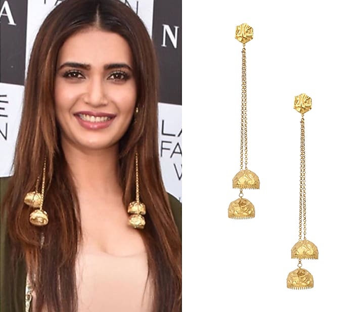 Gold plated jhumki drop earrings available only at Pernia's Pop Up Shop.