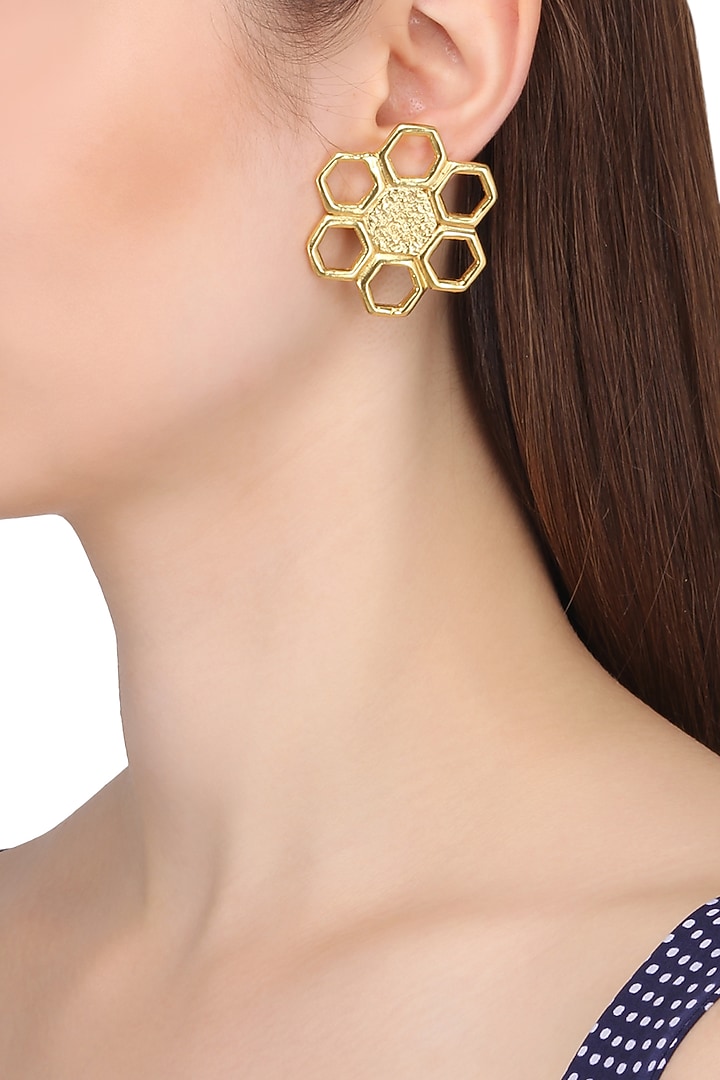 Gold plated geometric flower stud earrings available only at Pernia's Pop Up Shop.