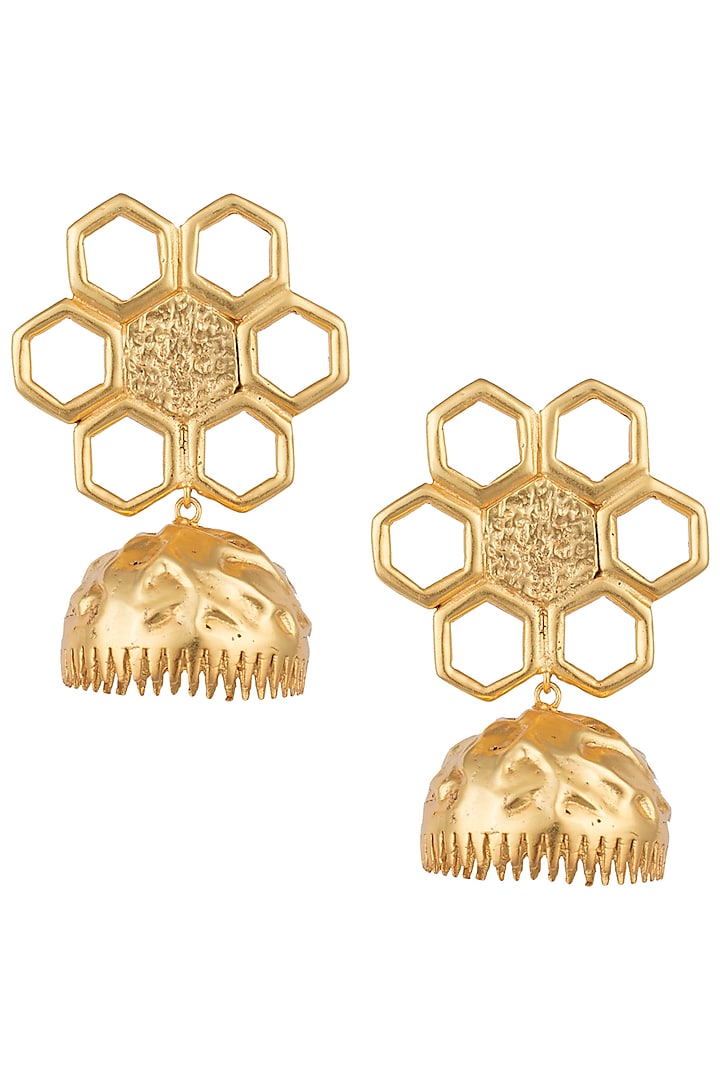 Gold Plated Geometric Flower Jhumki Earrings by Flowerchild By Shaheen Abbas