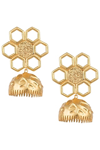 Gold Plated Geometric Flower Jhumki Earrings by Flowerchild By Shaheen Abbas