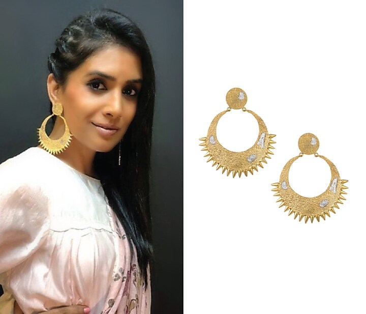 Gold plated textured spikes crescent earrings available only at Pernia's Pop Up Shop.