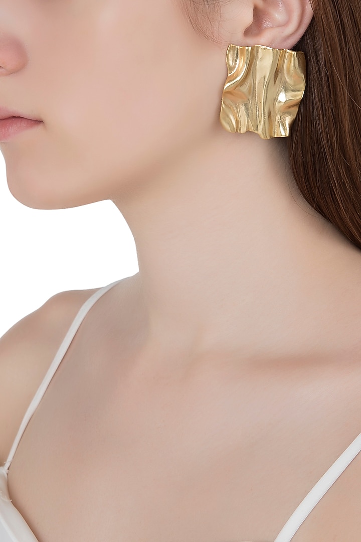 Gold plated textured square shaped earrings available only at Pernia's Pop Up Shop.