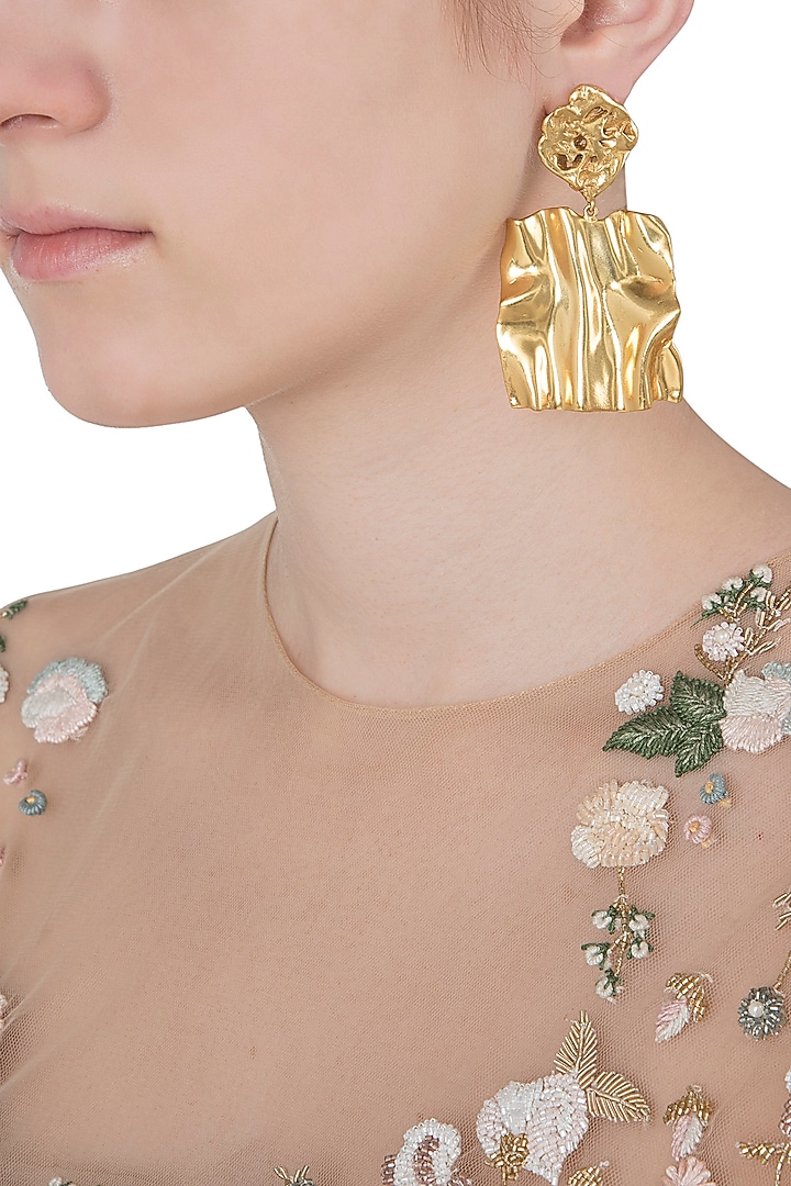 Gold plated textured two drop earrings available only at Pernia's Pop Up Shop.