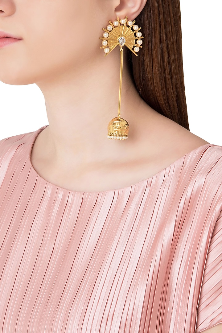 Gold plated stone and pearls jhumki earrings available only at Pernia's Pop Up Shop.