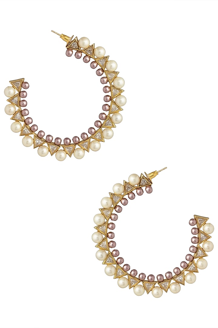 Gold Plated Stone and Pearls Open Hoop Earrings by Flowerchild By Shaheen Abbas