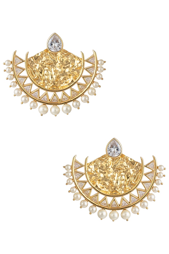 Gold plated stone and pearls textured chandbali earrings available only at Pernia's Pop Up Shop.
