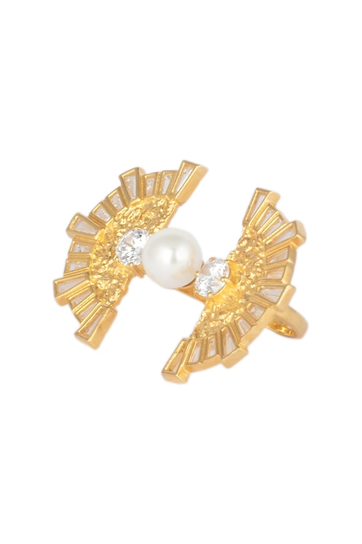 Gold Plated Stone and Pearls Two Finger Ring by Flowerchild By Shaheen Abbas