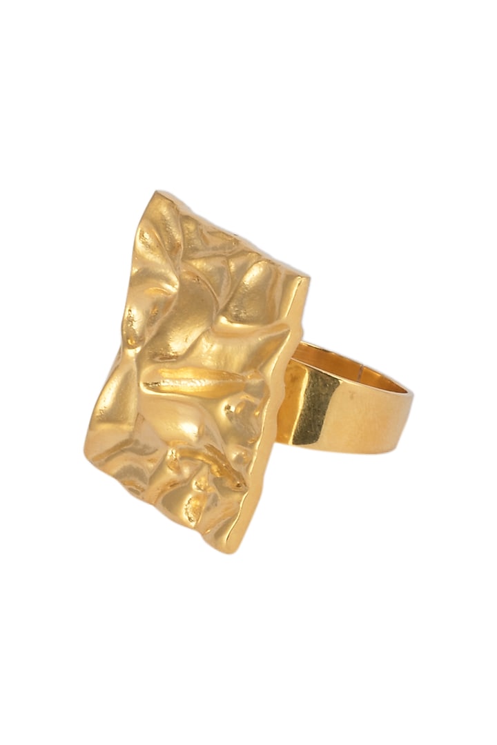 Gold Plated Square Shaped Textured Ring by Flowerchild By Shaheen Abbas