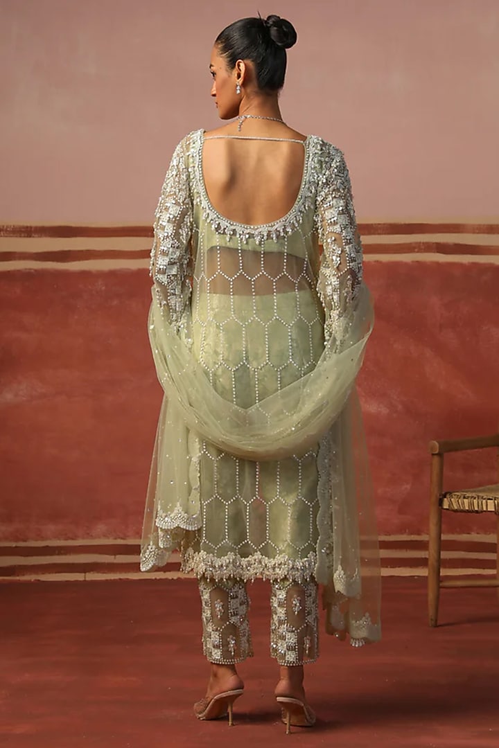 Mint Green Net Sequin Embellished Jacket Set by SABE at Pernia's Pop Up Shop
