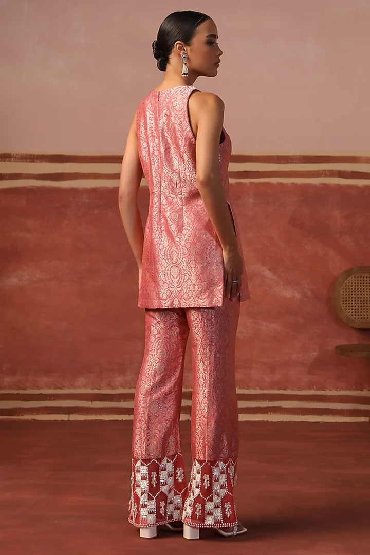 Blush Pink Brocade Pearl Embroidered Kurta Set by SABE at Pernia's Pop Up Shop