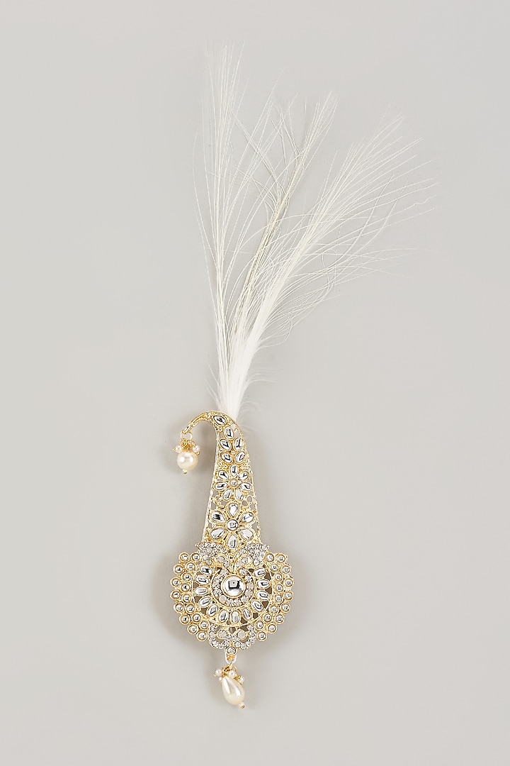 Soft Gold Semi-Precious Kundan & Pearl Feather Kalangi by SALIL BHATIA at Pernia's Pop Up Shop
