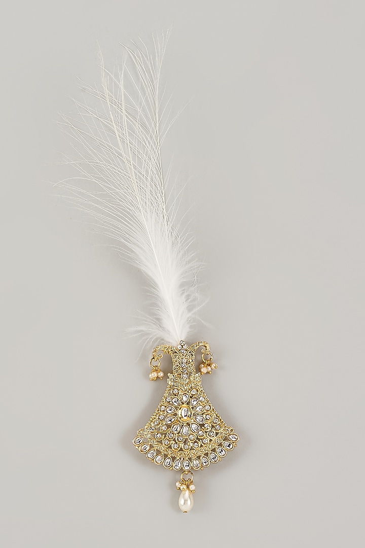 Soft Gold Semi-Precious Kundan & Pearl Feather Kalangi by SALIL BHATIA at Pernia's Pop Up Shop
