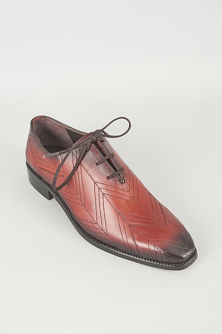 Tan Geometric Seams Leather Oxford Shoes by SALIL BHATIA at Pernia's Pop Up Shop