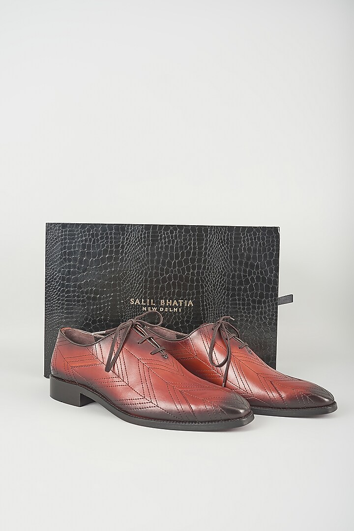 Tan Geometric Seams Leather Oxford Shoes by SALIL BHATIA at Pernia's Pop Up Shop