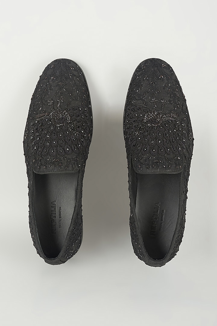 Black Raw Silk Peacock Hand Embroidered Loafers by SALIL BHATIA at Pernia's Pop Up Shop