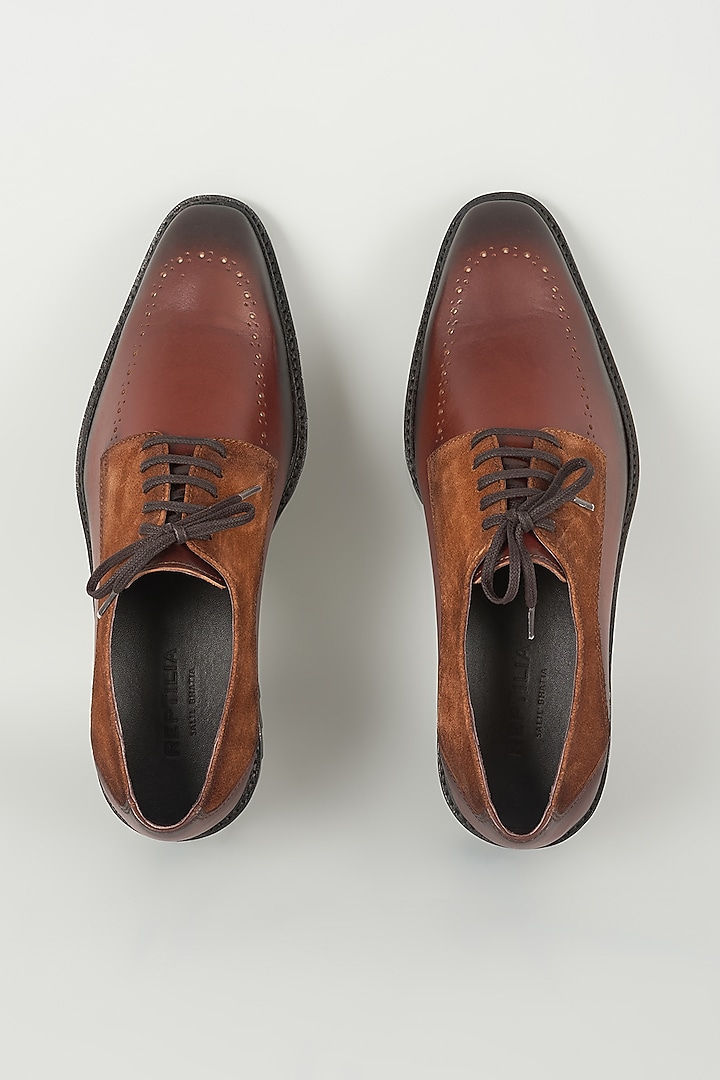 Cognac Suede & Leather Brogue Derby Shoes by SALIL BHATIA at Pernia's Pop Up Shop
