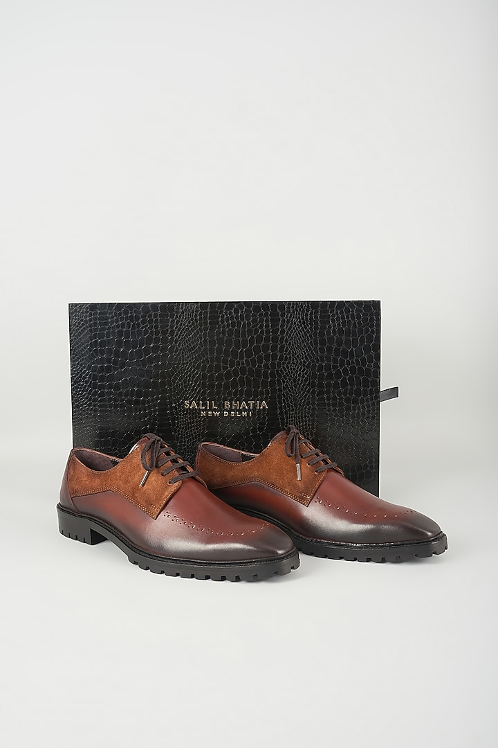 Cognac Suede & Leather Brogue Derby Shoes by SALIL BHATIA at Pernia's Pop Up Shop