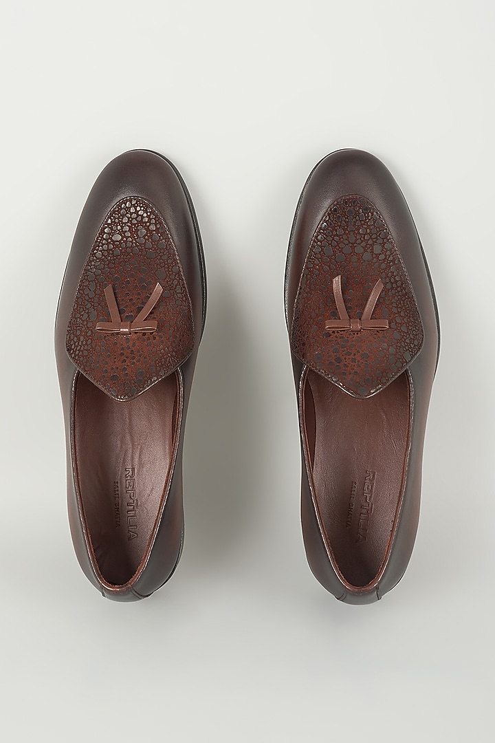 Chocolate Brown Hand Patina Leather Tassel Loafers by SALIL BHATIA at Pernia's Pop Up Shop