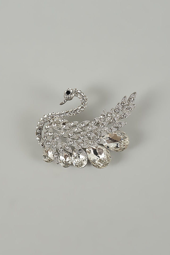 Silver Finish Crystal Swan Embellished Brooch by SALIL BHATIA at Pernia's Pop Up Shop