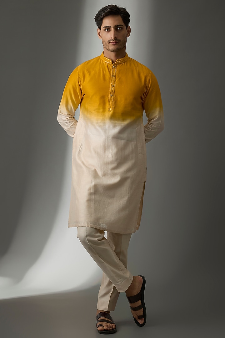 Yellow & Ivory Ombre Silk Chanderi Zari Work Kurta Set by SALIL BHATIA