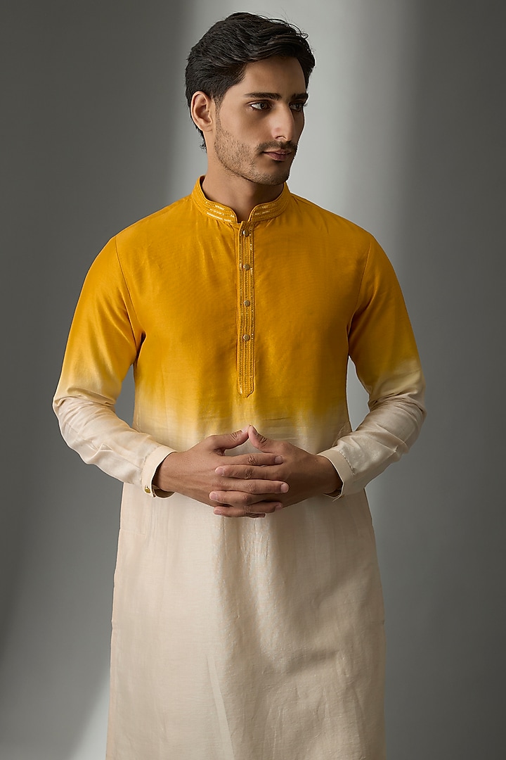 Yellow & Ivory Ombre Silk Chanderi Zari Work Kurta Set by SALIL BHATIA at Pernia's Pop Up Shop