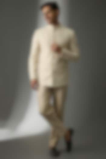 Beige Silk Sequins Embroidered Bandhgala Set by SALIL BHATIA