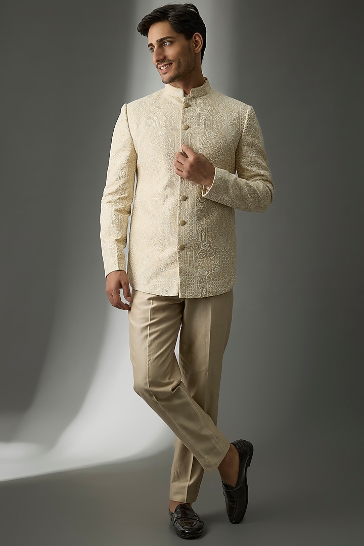 Beige Silk Sequins Embroidered Bandhgala Set by SALIL BHATIA