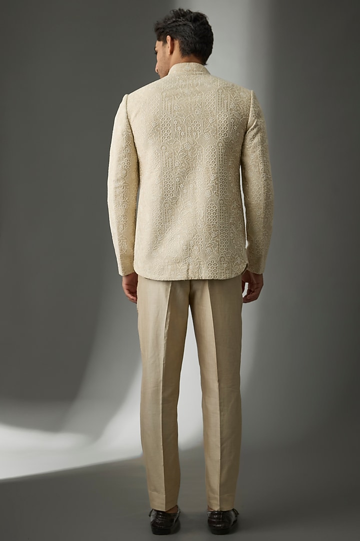 Beige Silk Sequins Embroidered Wedding Bandhgala Set by SALIL BHATIA at Pernia's Pop Up Shop