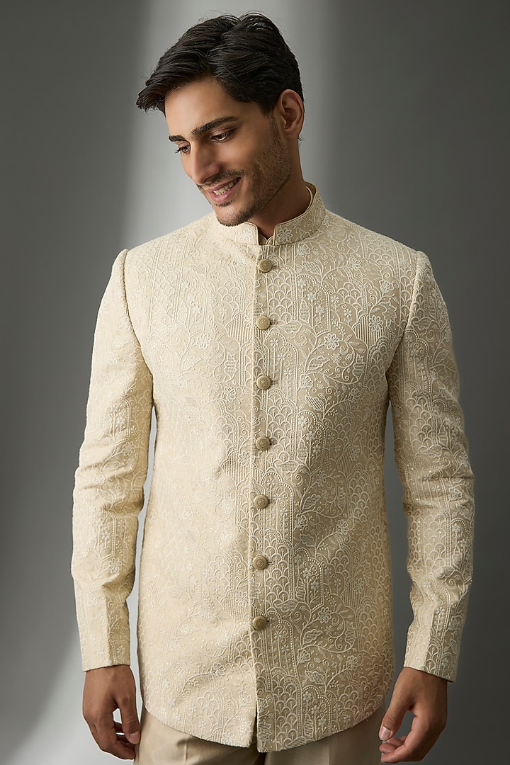Beige Silk Sequins Embroidered Wedding Bandhgala Set by SALIL BHATIA at Pernia's Pop Up Shop