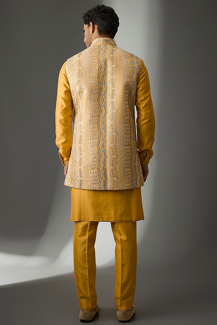 Yellow Art Silk Thread Embellished Wedding Indowestern Set by SALIL BHATIA at Pernia's Pop Up Shop