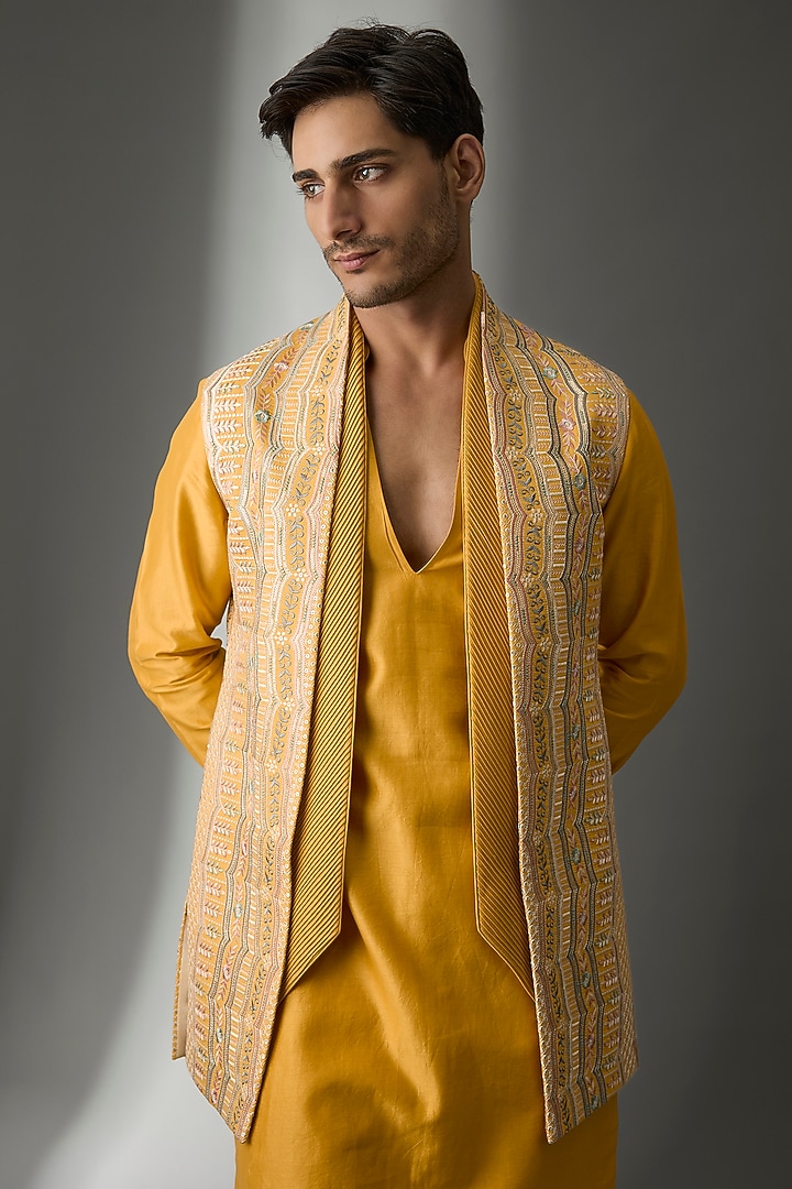 Yellow Art Silk Thread Embellished Wedding Indowestern Set by SALIL BHATIA at Pernia's Pop Up Shop