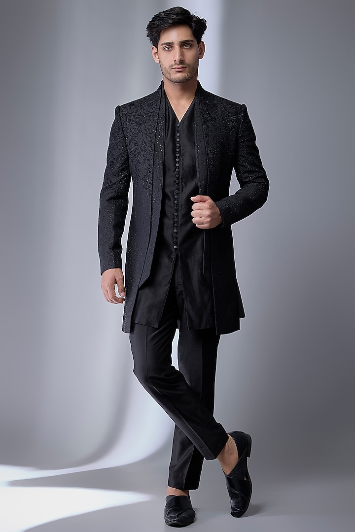 Black Satin Embellished Wedding Indowestern Set by SALIL BHATIA at Pernia's Pop Up Shop
