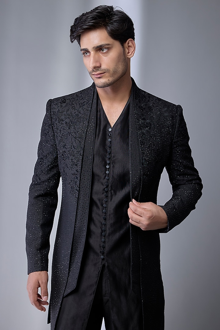 Black Satin Embellished Wedding Indowestern Set by SALIL BHATIA at Pernia's Pop Up Shop