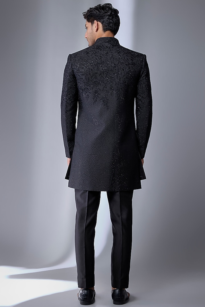 Black Satin Embellished Wedding Indowestern Set by SALIL BHATIA at Pernia's Pop Up Shop