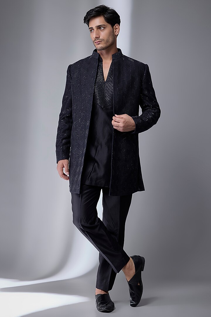 Blackish Blue Dola Silk Embellished Groom Indowestern Set by SALIL BHATIA at Pernia's Pop Up Shop