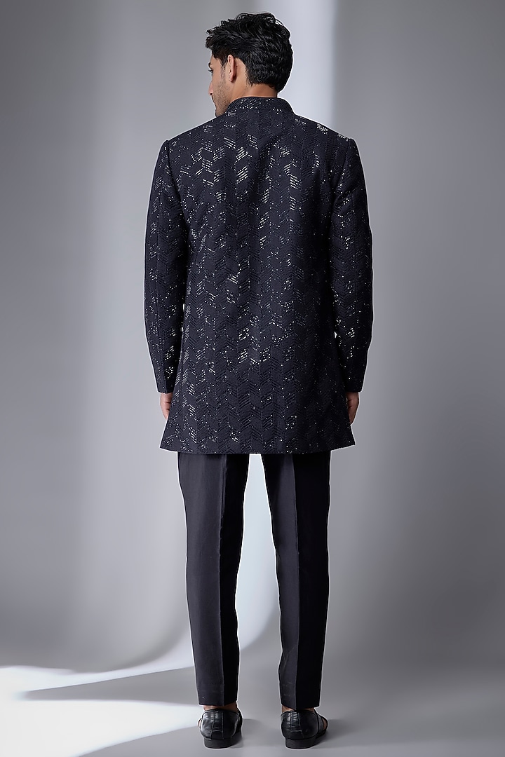 Blackish Blue Dola Silk Embellished Groom Indowestern Set by SALIL BHATIA at Pernia's Pop Up Shop
