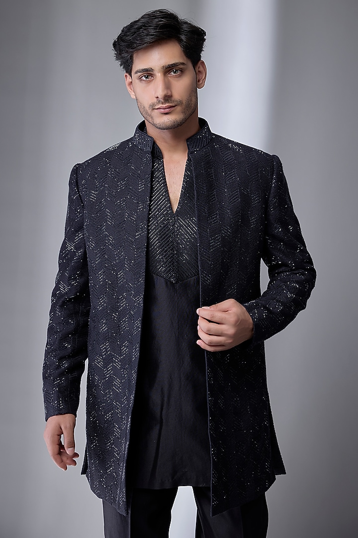 Blackish Blue Dola Silk Embellished Groom Indowestern Set by SALIL BHATIA at Pernia's Pop Up Shop