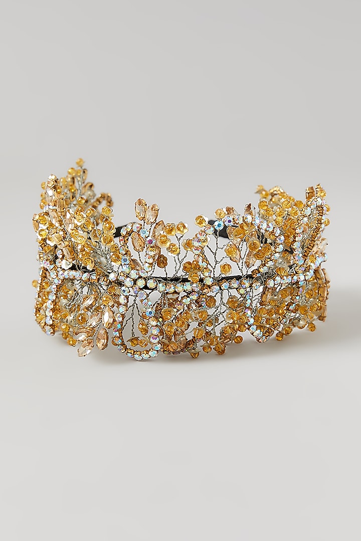 Shimmer Gold Crystal Embellished Handcrafted Floral Hairband by Studio Accessories