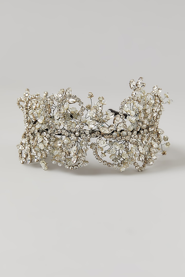 Shimmer Silver Crystal Embellished Handcrafted Floral Hairband by Studio Accessories