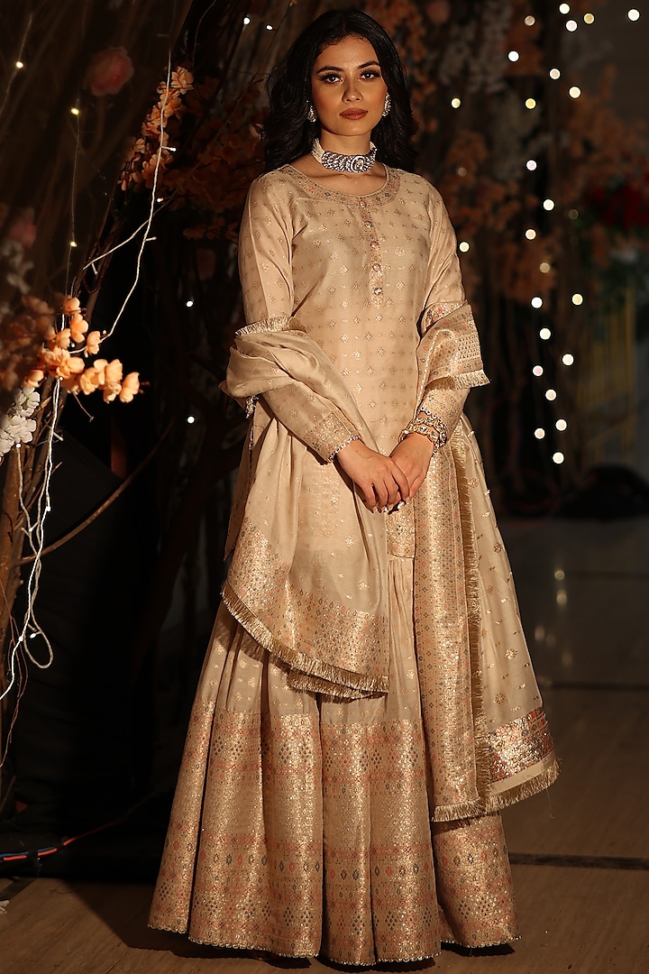 Beige Woven Zari Gharara Set by Safaa