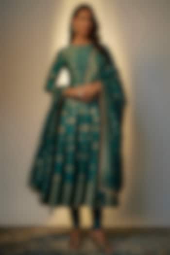 Turquoise Monotone Vegan Silk Woven Anarkali Set by Safaa at Pernia's Pop Up Shop
