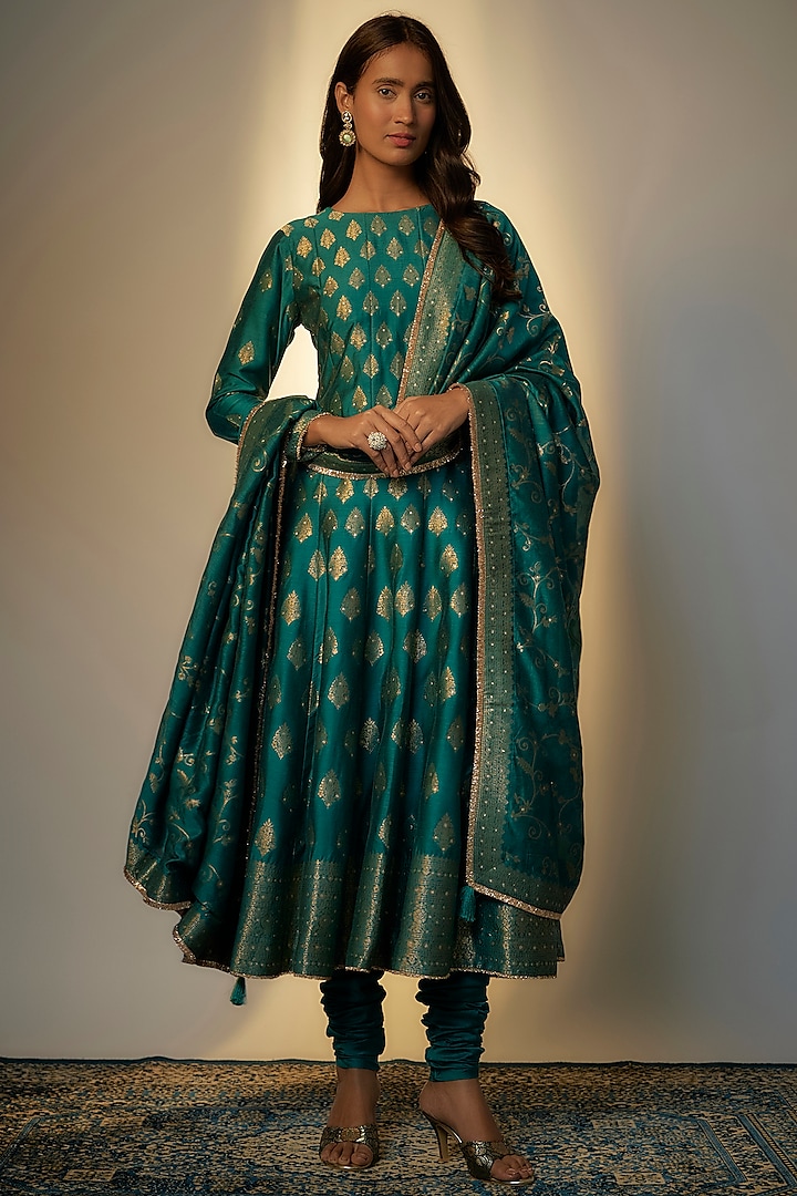 Turquoise Monotone Vegan Silk Woven Anarkali Set by Safaa at Pernia's Pop Up Shop